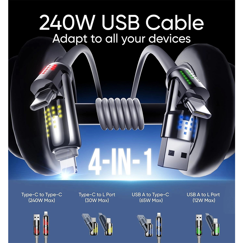Picture of 240W Four-in-One Fast Charging Data Line Fast Charging Cable 1.5 Meter [60 Inch] Colorful Atmosphere Four-in-One Applicable Apple Huawei Android  Two-on-Two 240W light column -Ice White