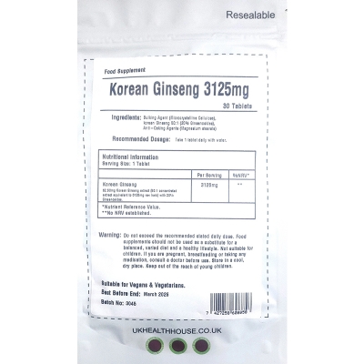 Picture of Korean Ginseng MAX 3125mg - 30 Tablets - Extra Potency Ginsenosides - Panax Ginseng - Made in UK-White