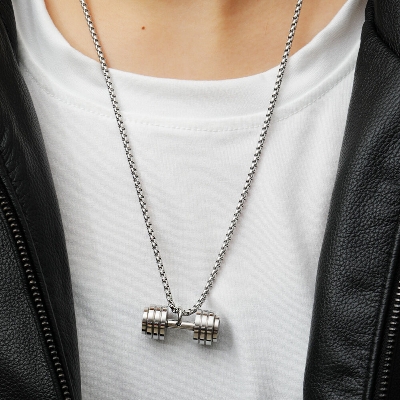 Picture of Gym Dumbbell Pendant Necklace Sports Barbell Pendant Fashion Chain Necklace
