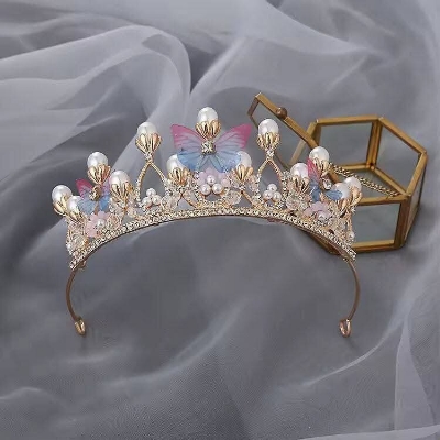 Picture of Romantic Butterfly Shape Princess Crown for Girls Handmade Rhinestone Pearl Headband For Birthday Wedding Model