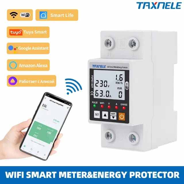 Picture of 63A TUYA WiFi Smart Earth Leakage Over Under Voltage Protector Relay Device Switch Breaker Energy Power kWh Meter Smart Life - White-Black