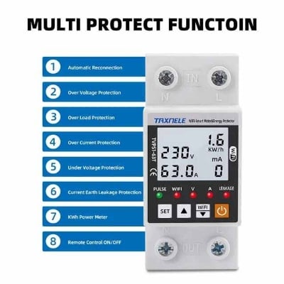 Picture of 63A TUYA WiFi Smart Earth Leakage Over Under Voltage Protector Relay Device Switch Breaker Energy Power kWh Meter Smart Life - White-Black