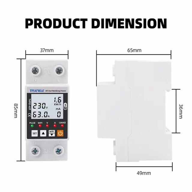 Picture of 63A TUYA WiFi Smart Earth Leakage Over Under Voltage Protector Relay Device Switch Breaker Energy Power kWh Meter Smart Life - White-Black