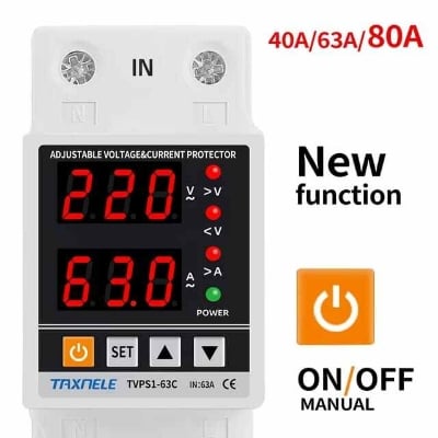 Picture of 63A  220V Din Rail Digital Dual Display Adjustable Over Voltage Current and Under Voltage Protector Device Relay - White