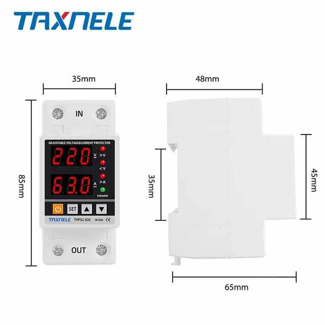 Picture of 63A  220V Din Rail Digital Dual Display Adjustable Over Voltage Current and Under Voltage Protector Device Relay - White
