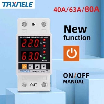 Picture of 63A  220V Din Rail Digital Dual Display Adjustable Over Voltage Current and Under Voltage Protector Device Relay - White