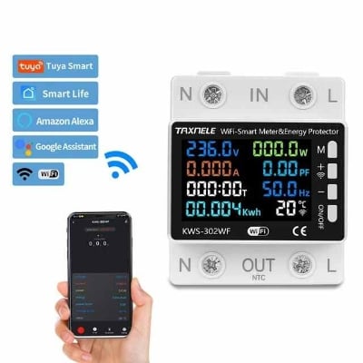 Picture of TAXNELE TUYA WiFi 2P 63A Smart Power Meter Over Under Voltage Protection Relay Switch Circuit Breaker Energy kWh Temperature Meter Smart Life - Off White