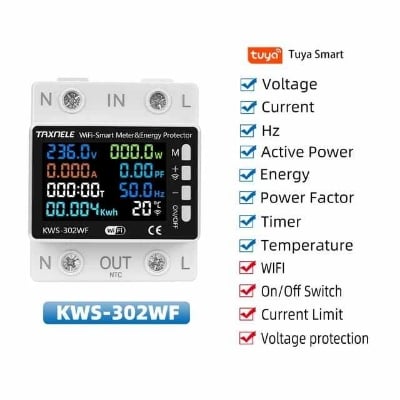 Picture of TAXNELE TUYA WiFi 2P 63A Smart Power Meter Over Under Voltage Protection Relay Switch Circuit Breaker Energy kWh Temperature Meter Smart Life - Off White