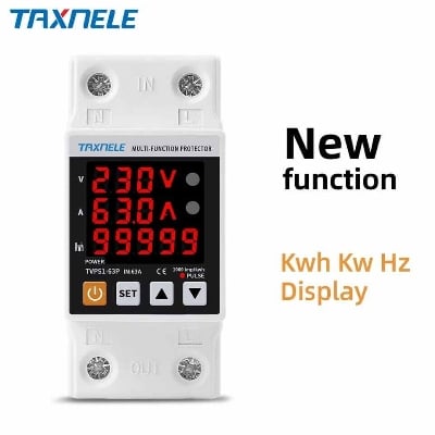 Picture of TAXNELE 63A 230V 3 IN1 Display Din Rail Adjustable Over Under Voltage Surge Protector Relay Over Current Protect Kwh Power Watt Meter - Off White