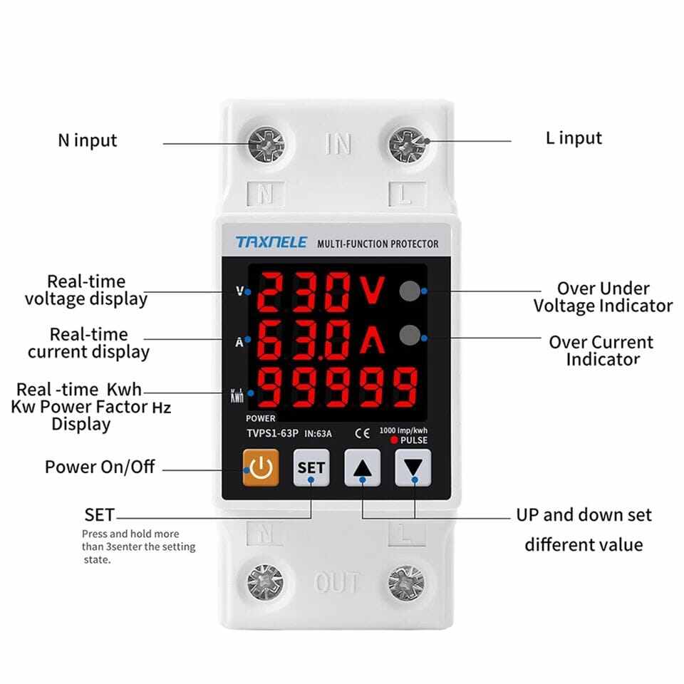 Picture of TAXNELE 63A 230V 3 IN1 Display Din Rail Adjustable Over Under Voltage Surge Protector Relay Over Current Protect Kwh Power Watt Meter - Off White