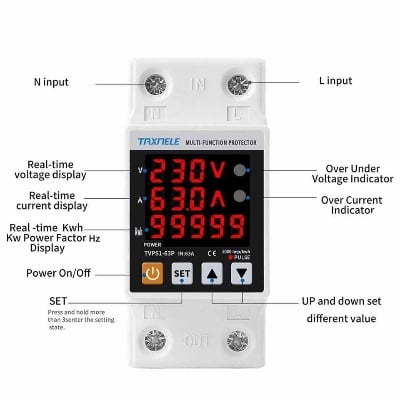 Picture of TAXNELE 63A 230V 3 IN1 Display Din Rail Adjustable Over Under Voltage Surge Protector Relay Over Current Protect Kwh Power Watt Meter - Off White