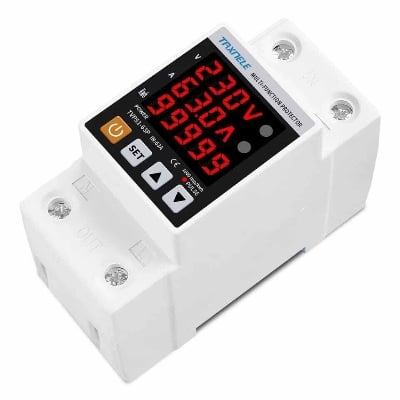 Picture of TAXNELE 63A 230V 3 IN1 Display Din Rail Adjustable Over Under Voltage Surge Protector Relay Over Current Protect Kwh Power Watt Meter - Off White