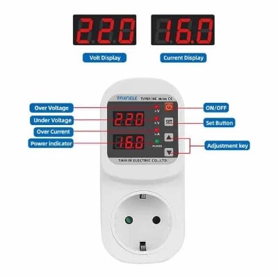 Picture of Over Voltage Current Under Voltage Protector Socket AC 220V Adjustable 16A Surge Protector EU Plug Socket Safe Protect - White