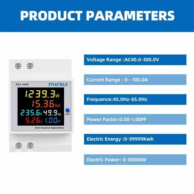 Picture of TAXNELE 6 IN1 Display D52-2066 Smart Meter AC40-300V Built-in CT Monitor Voltage Current Power KWH Electric Frequency Meter