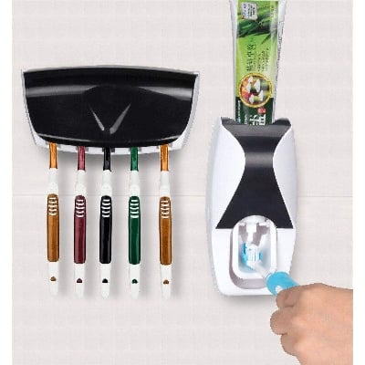 Picture of Toothpaste Dispenser Plus Toothbrush Holder Stand Tooth paste Dispenser Stand Tooth brush Holder Bathroom Accessories Washing Glove Bathroom Corner Shelf Bathroom Racks smart watch smartwatch watch Toothpaste Dispenser Toothbrush Holder price - Multicolor
