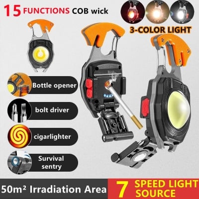 Picture of 15 Functions Multifunctional COB LED Rechargeable Camping Work Light with Plasma Lighter, Screwdriver Set & Survival Whistle