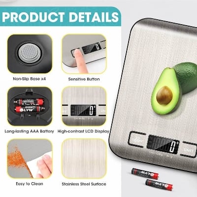 Picture of KitchenPro Digital Food Kitchen Scale with High Precision LCD Display & Tare Function (5kg Capacity) - Multicolor