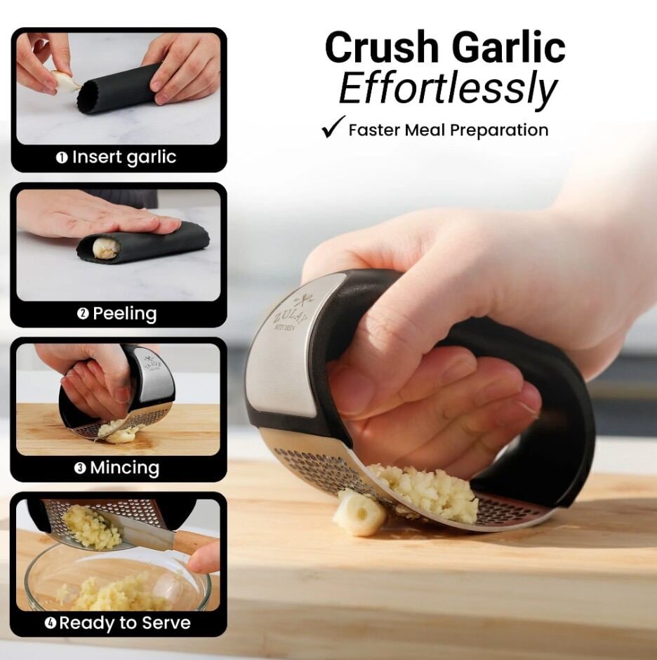 Picture of Garlic Crusher Premium Stainless Steel Manual Garlic Mincer & Peeler Kitchen Tool - Multicolor