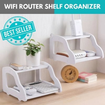 Picture of Double Layer Router Stand Wall Mounted Wi-Fi Router & Modem Storage Shelf for Home and Office - White