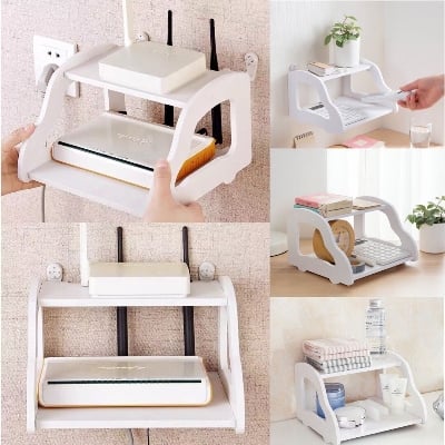Picture of Double Layer Router Stand Wall Mounted Wi-Fi Router & Modem Storage Shelf for Home and Office - White