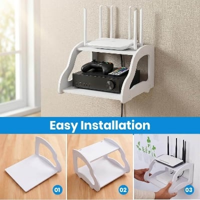Picture of Double Layer Router Stand Wall Mounted Wi-Fi Router & Modem Storage Shelf for Home and Office - White