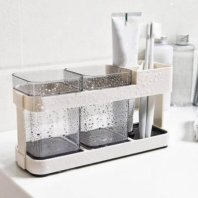 Picture of Toothbrush Organizer Multifunctional Bathroom Countertop Storage Holder with Removable Cups & Drain Tray