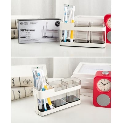 Picture of Toothbrush Organizer Multifunctional Bathroom Countertop Storage Holder with Removable Cups & Drain Tray