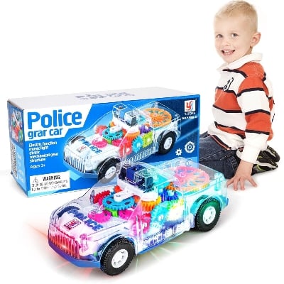 Picture of Baby Toy Transparent Light-Up Police Car with Rotating Gear, Music & 4D LED Projection