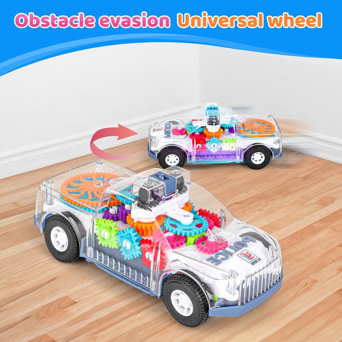 Picture of Baby Toy Transparent Light-Up Police Car with Rotating Gear, Music & 4D LED Projection