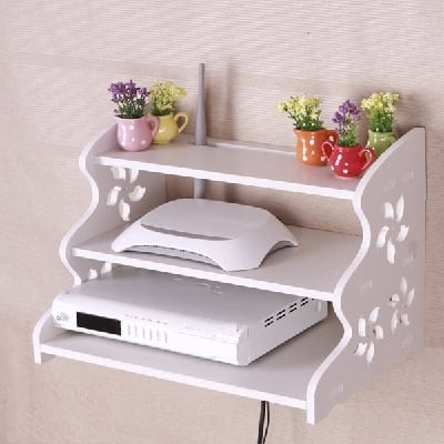Picture of 3 Layer Router Stand Wall Mounted Wi-Fi Router Storage Shelf with Multi-Tier Organizer Design - White