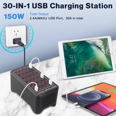 Picture of Power Dock 30 Port 150W USB Charging Station Multi Device Fast Charger Dock for Smartphones Tablets Smartwatches - Black