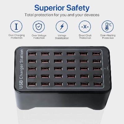 Picture of Power Dock 30 Port 150W USB Charging Station Multi Device Fast Charger Dock for Smartphones Tablets Smartwatches - Black