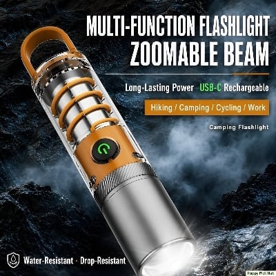 Picture of Rechargeable Flashlight High Power LED Zoomable Torch Light with USB Charging & Waterproof Design - Multicolor
