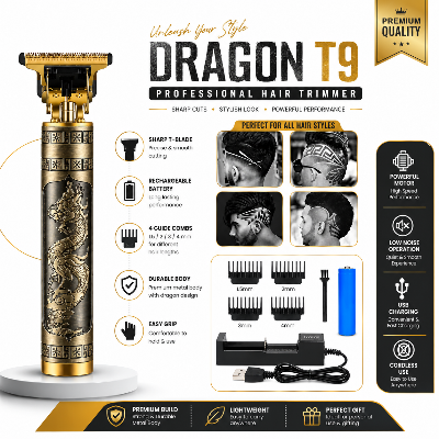 Picture of Dragon T9 Premium Hair Cutting Trimmer Gold Dragon Engraved Professional Grooming Machine