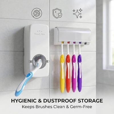 Picture of Automatic Toothpaste Dispenser No Battery Toothpaste Squeezer with 5 Toothbrush Holder - White