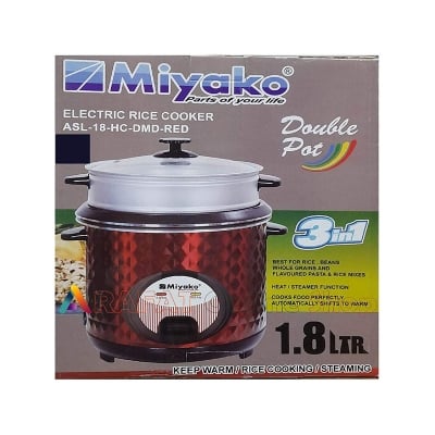Picture of MIyako 3 IN 1 Automatic Electric Rice Cooker 1.8 Liter - Double Pot Non Stick with Glass Lid ASL-18-HC-DMD-RED - Red & Black