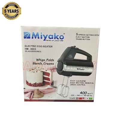 Picture of Miyako Egg Beater & Hand Mixer with Dough Hooks in a Storage Case | 400 Watt 5 Speed Setting | Model : HM-8603 | Colour : Black & Silver - Black & Silver