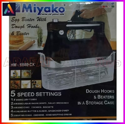 Picture of Miyako Egg Beater & Hand Mixer with Dough Hooks in a Storage Case | 5 Speed Setting | Model : HM-6669CX | Colour : Black & Silver