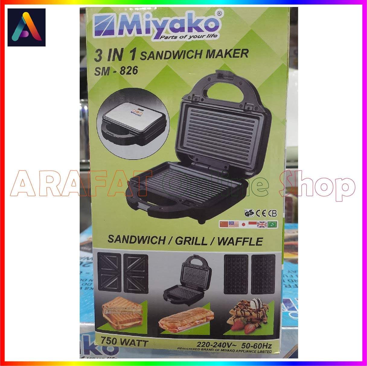 Picture of Miyako 3 In 1 Sandwich, Grill & Waffle | Sandwich Maker with Sandwich Plate, Grill Plate & Waffle Plate SM-826 - Black