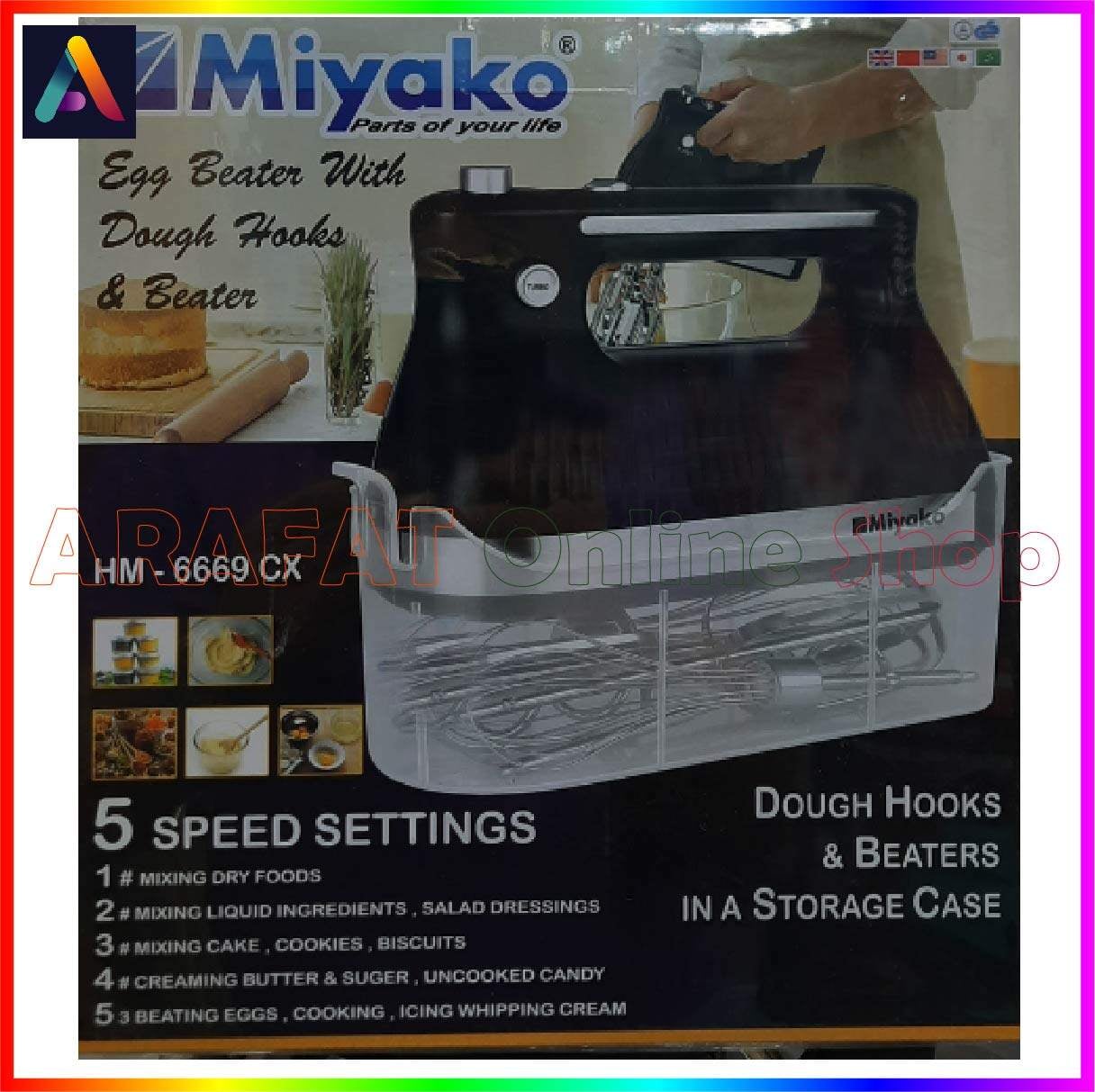 Picture of Miyako Egg Beater & Hand Mixer with Dough Hooks in a Storage Case | 5 Speed Setting | Model : HM-6669CX | Colour : Black & Silver - Black & Silver