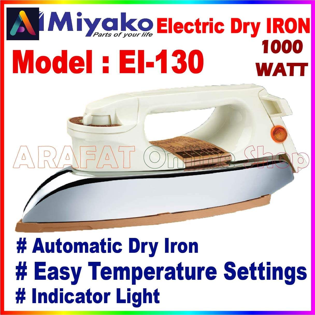 Picture of Miyako heavy weight Automatic Electric Dry iron | Capacity : 1000 Watt | Model : EI-130 - White