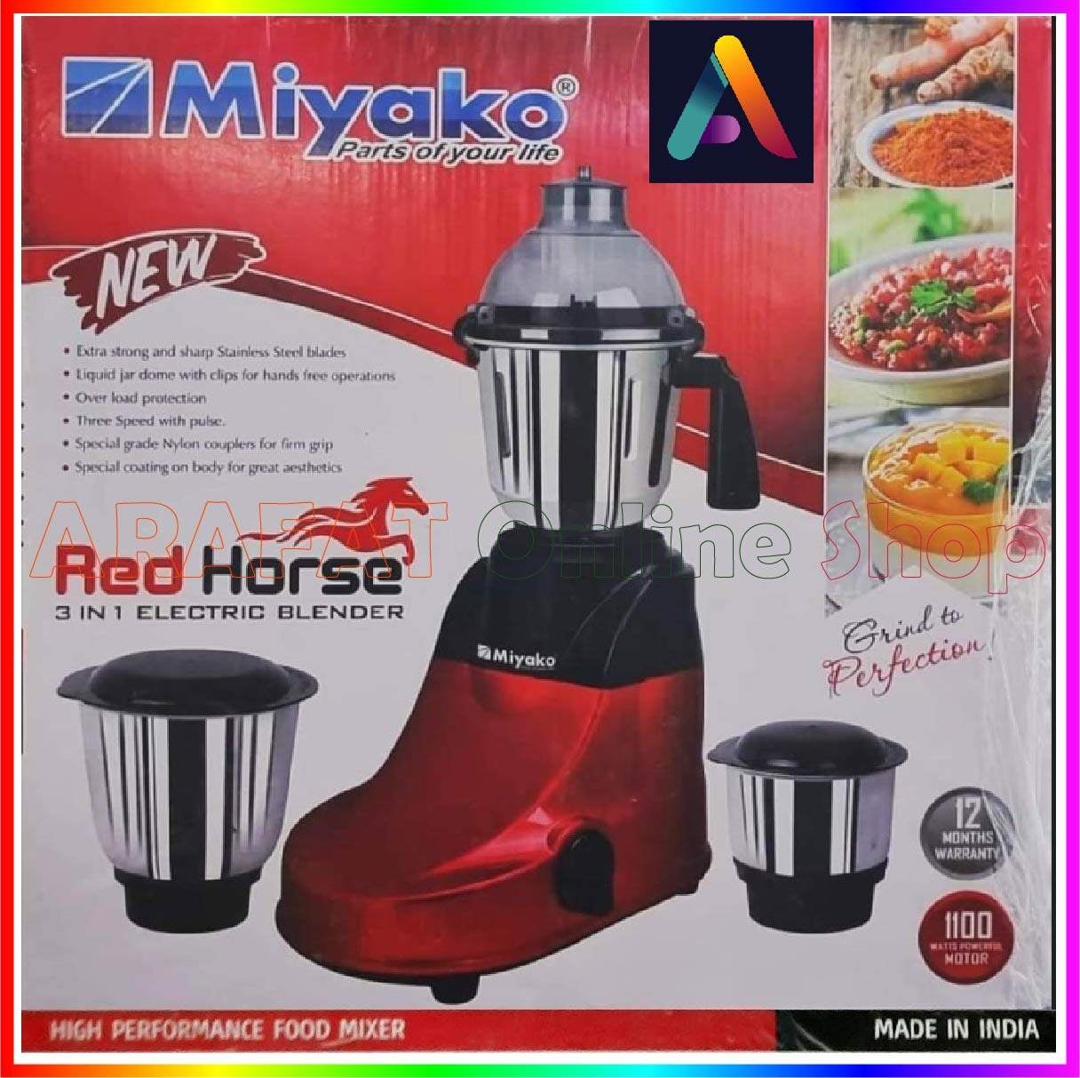 Picture of Miyako 3 IN 1 Blender & Mixer Grinder | Red Horse | 1000 Watt | Made in India