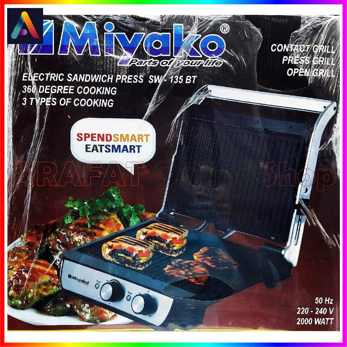 Picture of Miyako Electric Sandwich Press, Contact Grill, Press Grill, Open Grill, Sandwich Grill, Sub Sandwich Maker | Capacity : (2000 Watt | SW-135 BT - Black