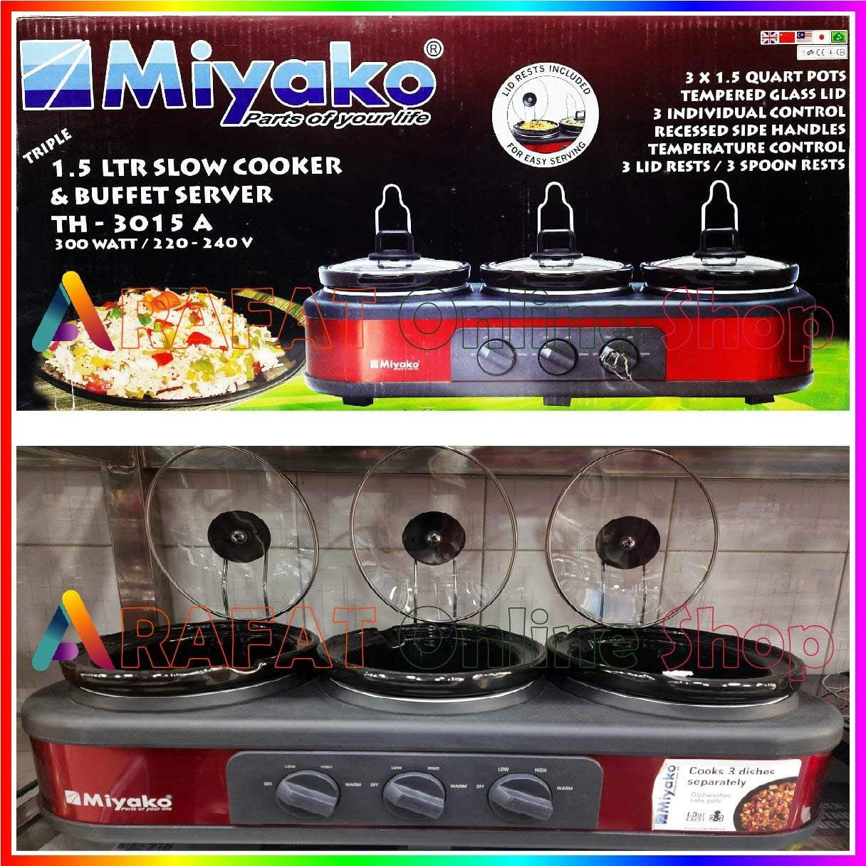 Picture of Miyako Triple 1.5 LTR Slow Cooker & Buffet Server 3 Pot Food Warmer (TH-3015A) 300 Watt - Not Specified