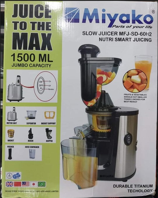 Picture of Miyako Slow Juicer | Model : MFJ-SD-60H2 | Capacity : 1500 ML JUMBO CAPACITY - Black & Steeel