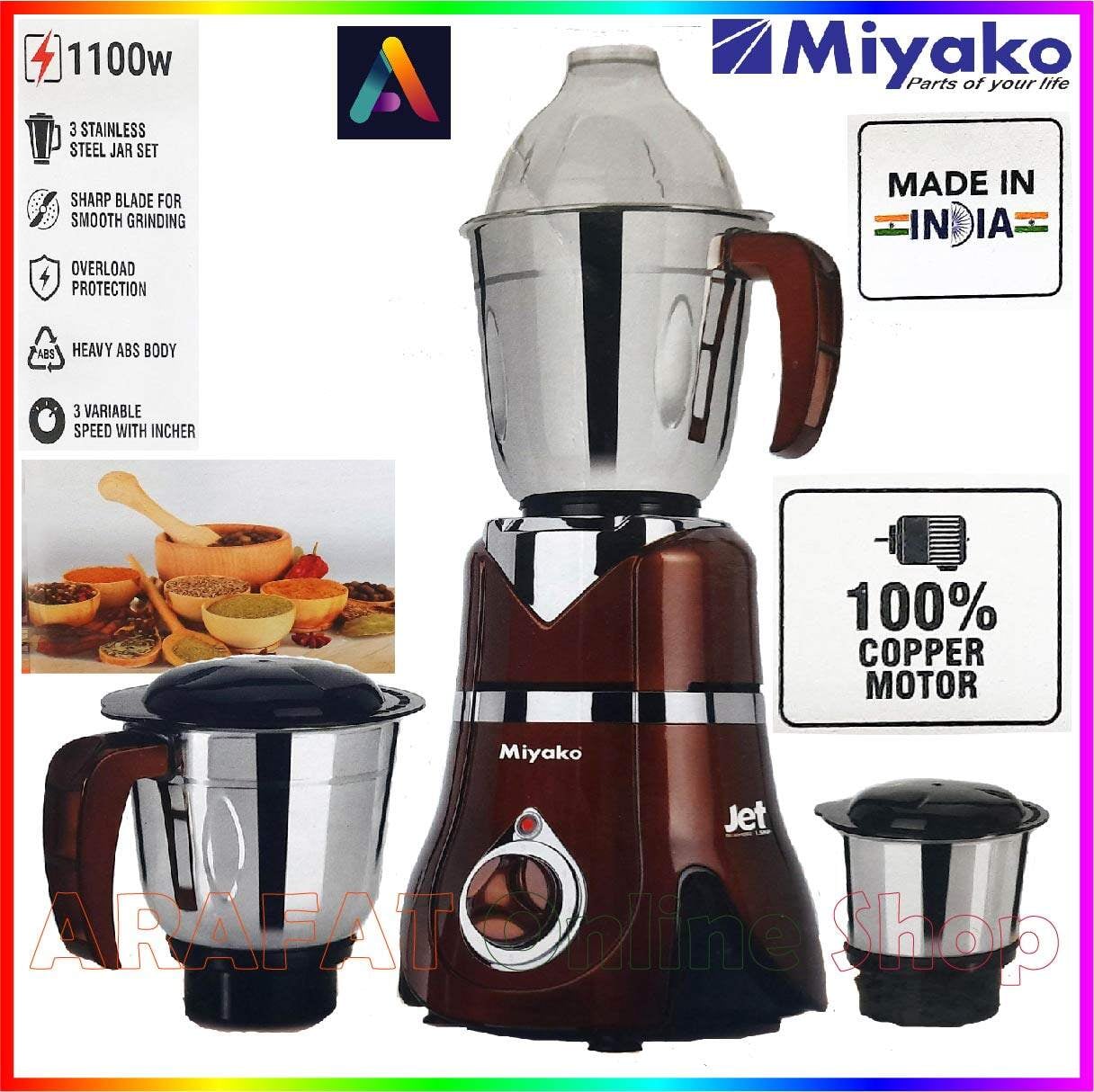 Picture of Miyako 3 in 1 Blender & Mixer Grinder JET/Turbo 1.5 HP 1100 Watt  Made in India
