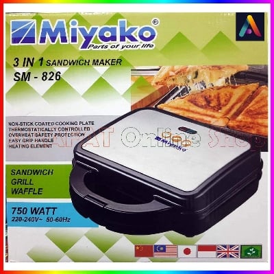 Picture of Miyako 3 In 1 Sandwich, Grill & Waffle | Sandwich Maker with Sandwich Plate, Grill Plate & Waffle Plate SM-826 - Black