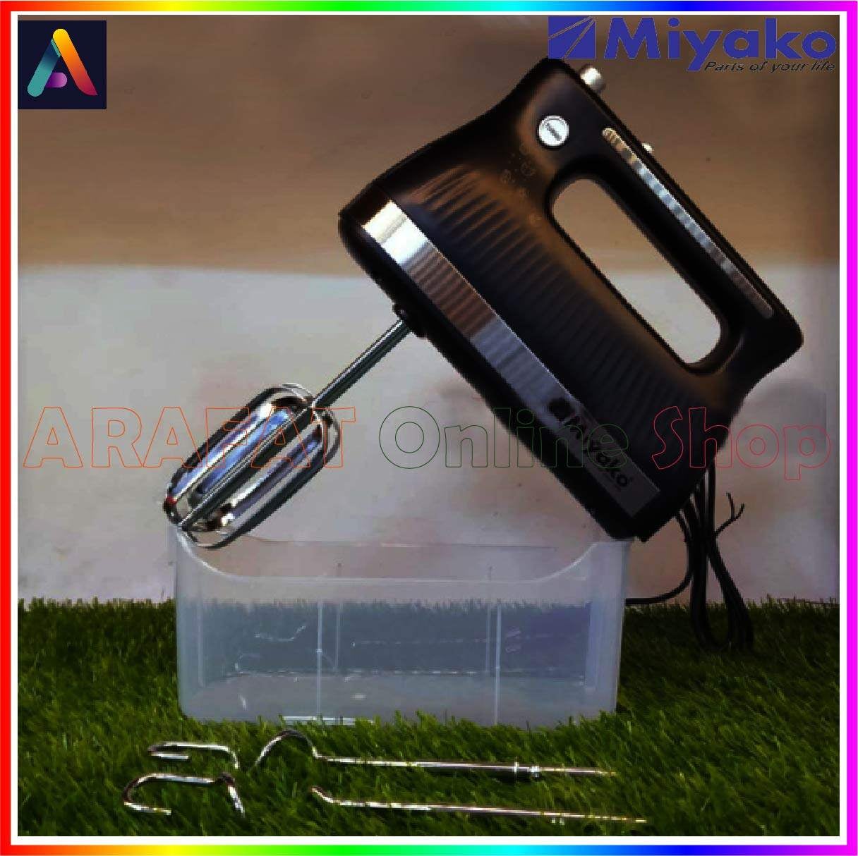 Picture of Miyako Egg Beater & Hand Mixer with Dough Hooks in a Storage Case | 5 Speed Setting | Model : HM-6669CX | Colour : Black & Silver - Black & Silver