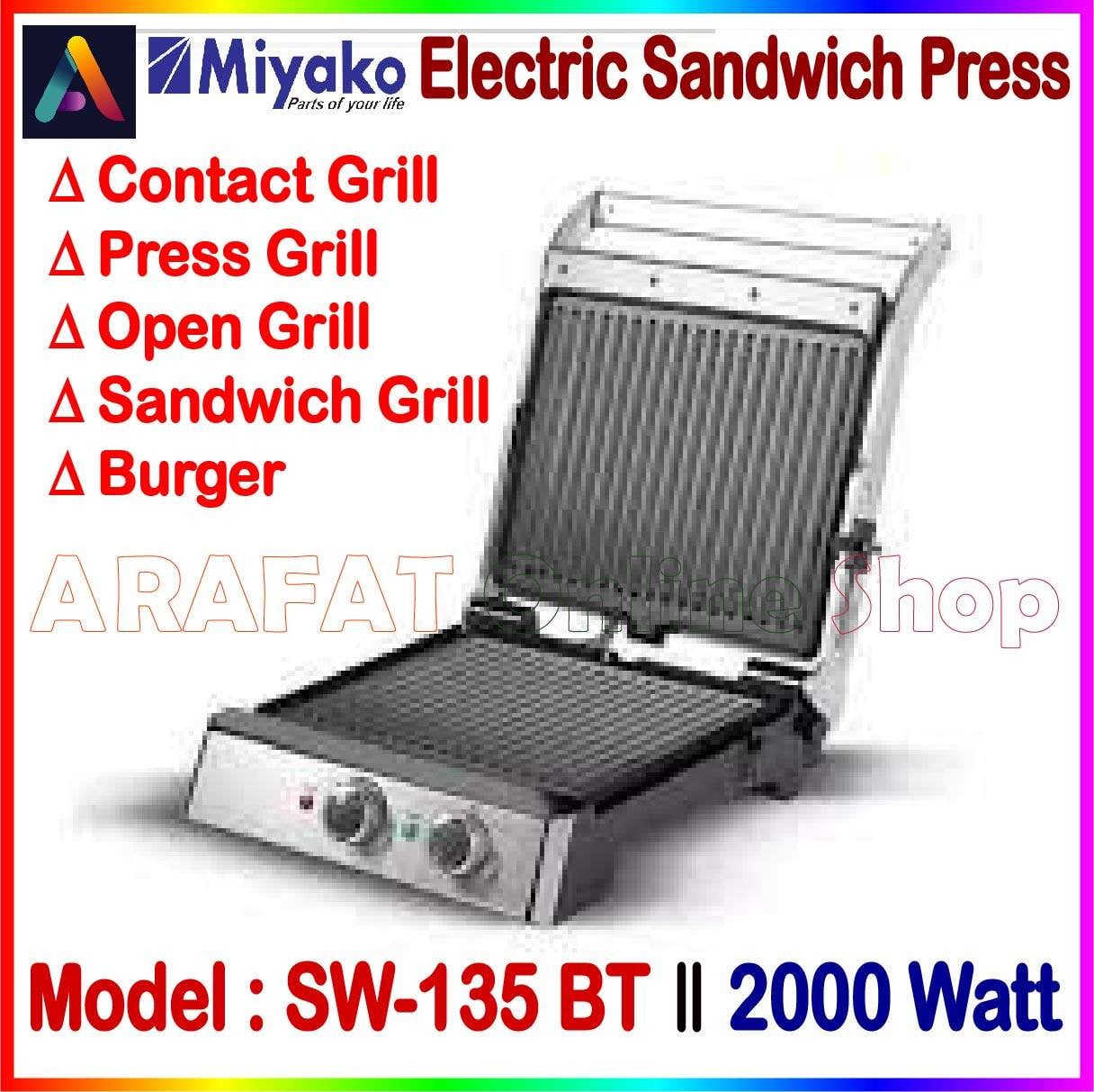 Picture of Miyako Electric Sandwich Press, Contact Grill, Press Grill, Open Grill, Sandwich Grill, Sub Sandwich Maker | Capacity : (2000 Watt | SW-135 BT - Black