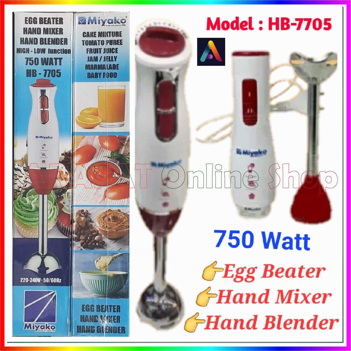 Picture of Miyako Steel Body Electric Hand Blender/Hand Mixer 750 Watt  HB-7705  High & Low Function - Red & White